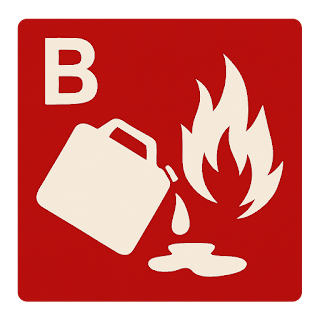 Class B fire symbol: a red square with the letter B and a pictogram of a leaking gasoline can