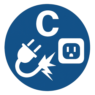 Class C fire symbol: a blue circle with the letter C and a pictogram of an electrical plug and socket